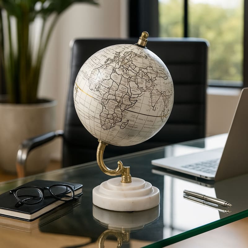 Marble Polyresin Globe Modern Glam Accent - 9" White/Gold - 9.5"