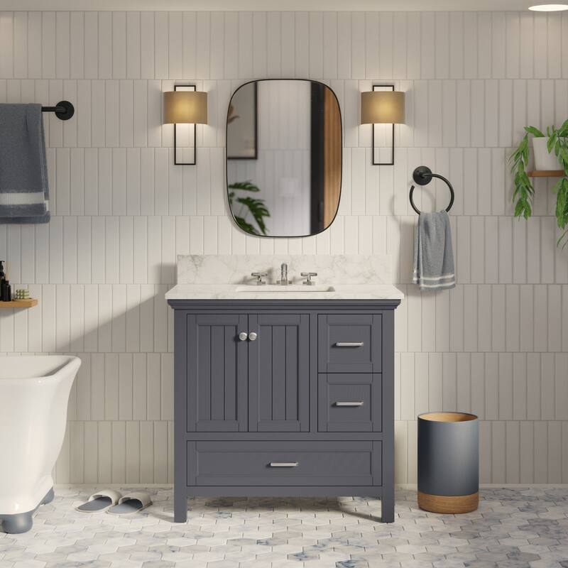 KitchenBathCollection Paige 36" Bathroom Vanity with Carrara Marble Top - Marine Gray