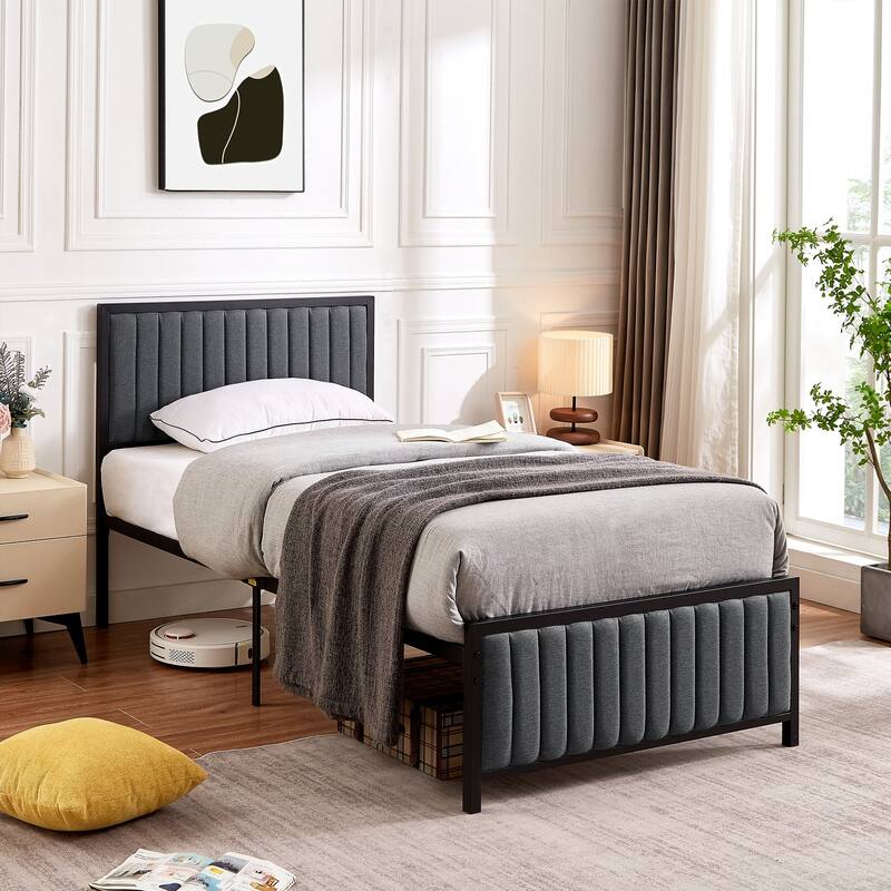 VECELO Upholstered Bed Frame with Tufted Headboard & Footboard, Heavy Duty Steel Slats Platform, No Box Spring Needed