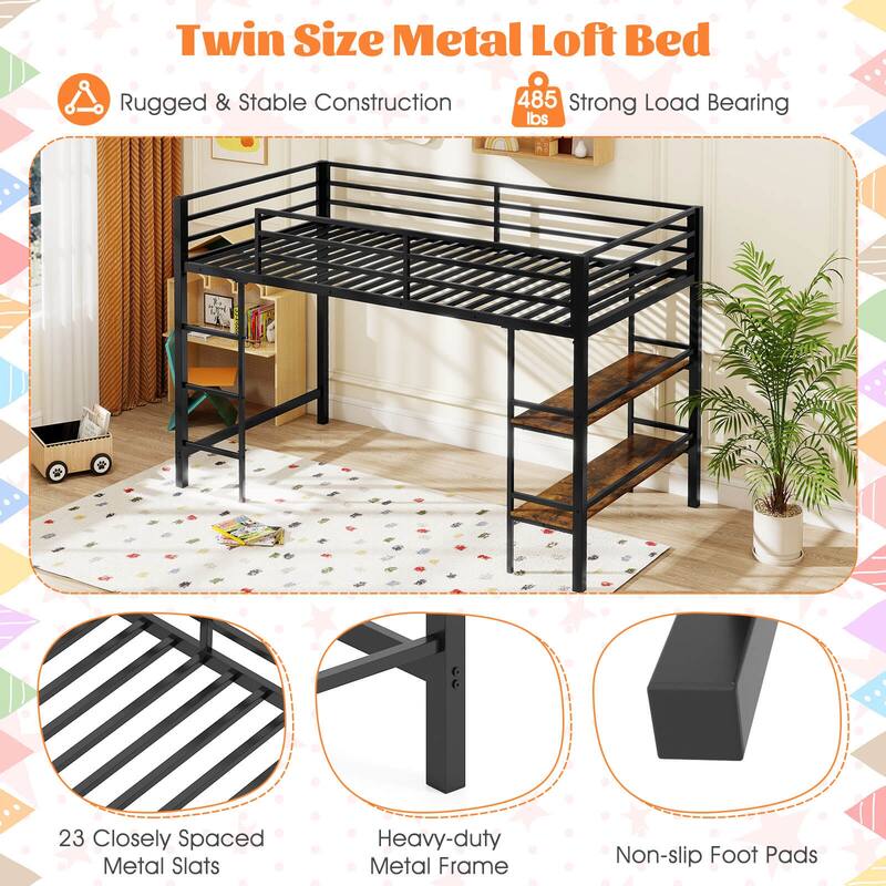 Costway Twin Size Low Loft Bed with Storage Shelves Ladder Full-length