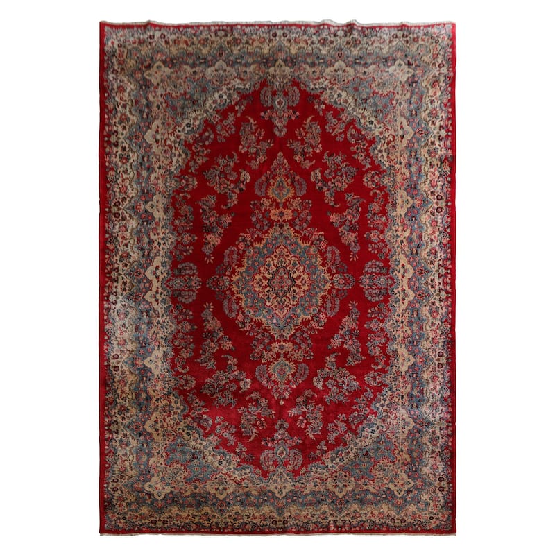 12'6''x18 Hand Knotted Wool Red Plush Pile Kerman Traditional Rug - 12' 6'' x 18'