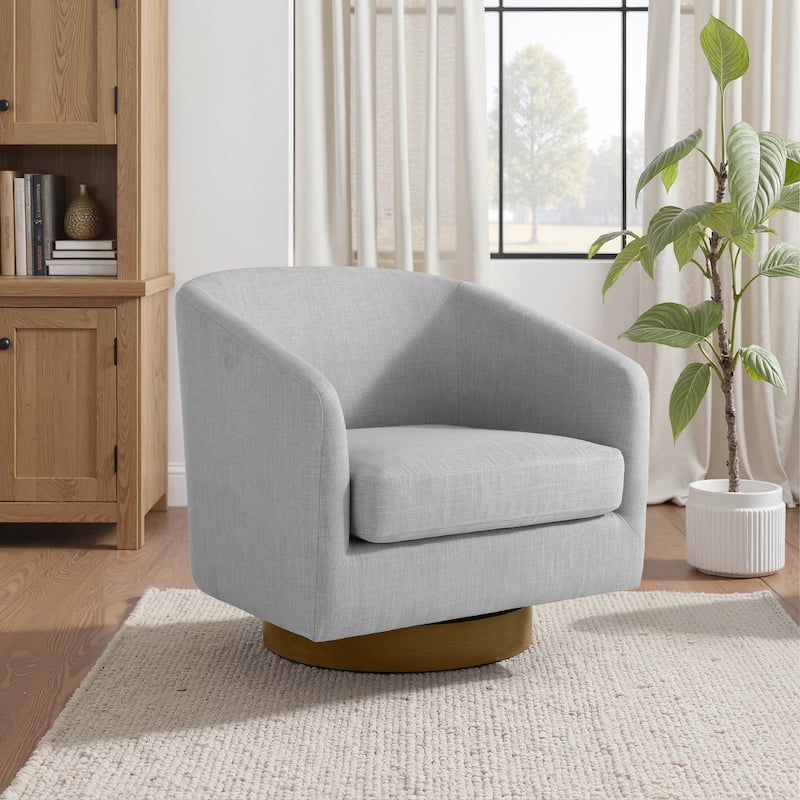 2 Set Modern Wide Round Swivel Accent Barrel Chairs - Cotton Linen - Light Grey-Single