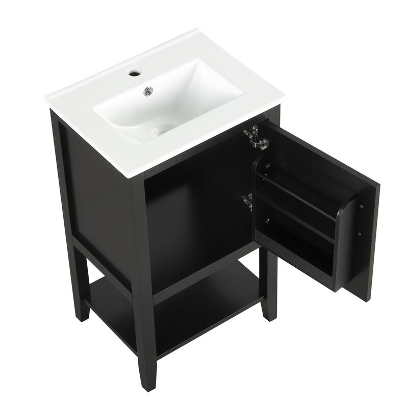Small Bathroom Vanity with Sink, Bathroom Storage Cabinet with Soft Close Door, Single Vanity with Storage Rack and Open Shelf