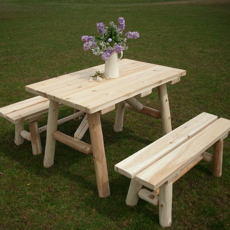 White Cedar Log 4' Picnic Table with Detached Benches Bed Bath