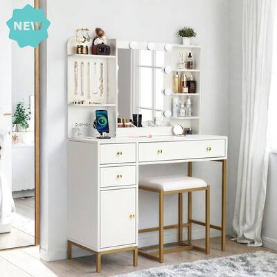 Vanity Desk with Mirror, Stool, LED Lights, Power Outlets, Drawers, Jewelry Hooks