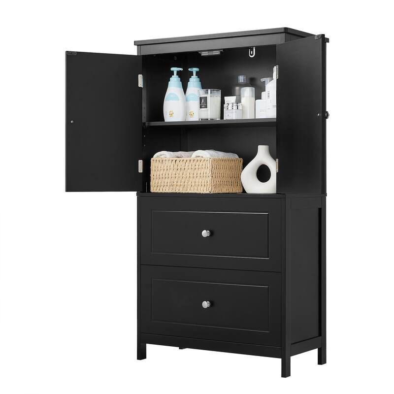 GDFStudio - Emery 43" Tall Bathroom Storage Cabinet with Adjustable Shelf and Dual Drawers, Modern MDF Organizer
