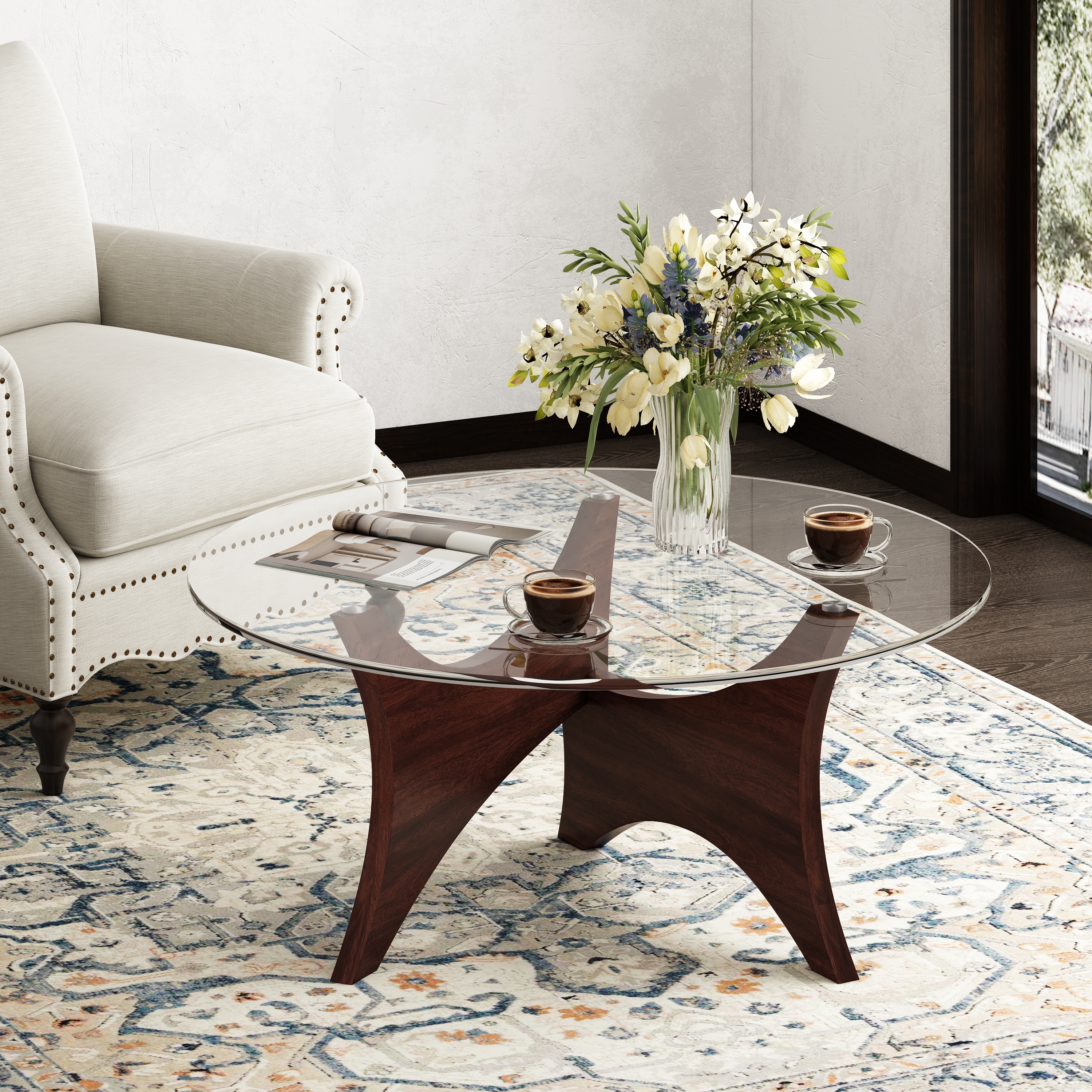 Mid Century Modern Coffee Table with Clear Round Table Top