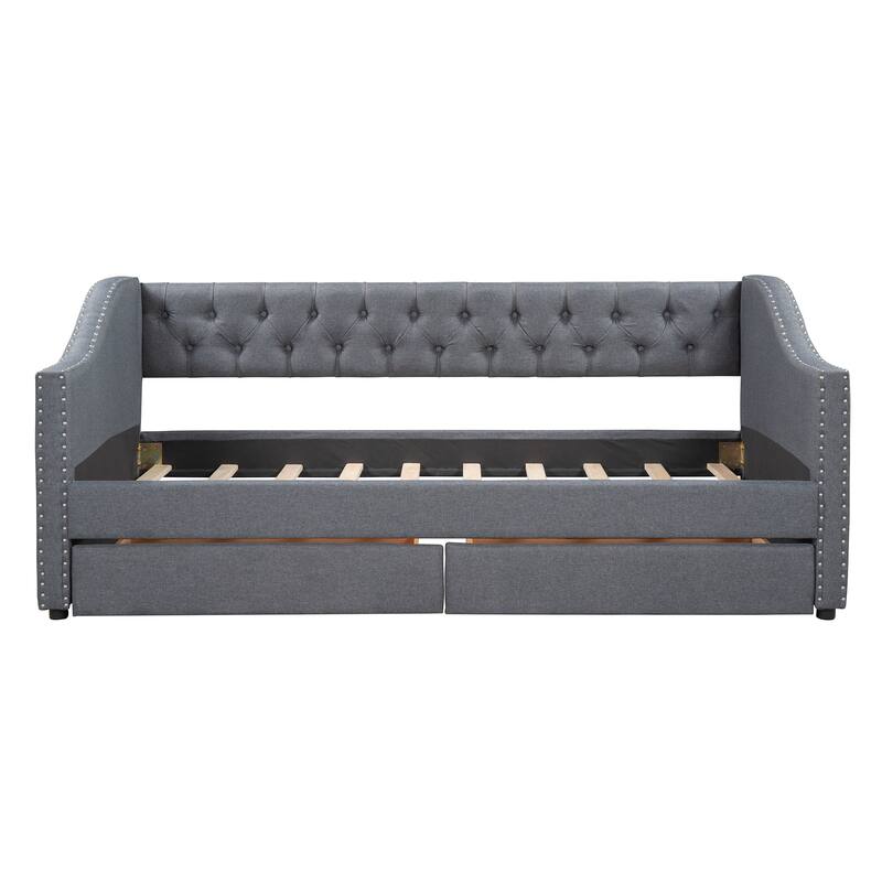 Elegant Upholstered Twin Daybed with Two Storage Drawers for Bedroom, Guest Rooms, Linen Fabric