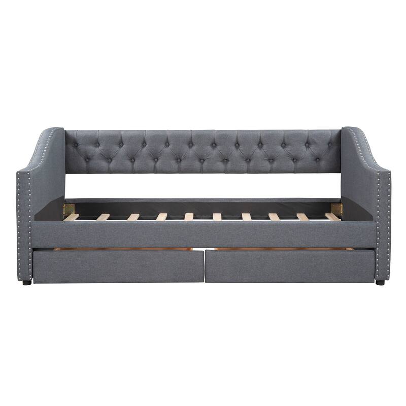 Upholstered Twin Size Daybed with Storage Drawers, Solid Wood Slat ...