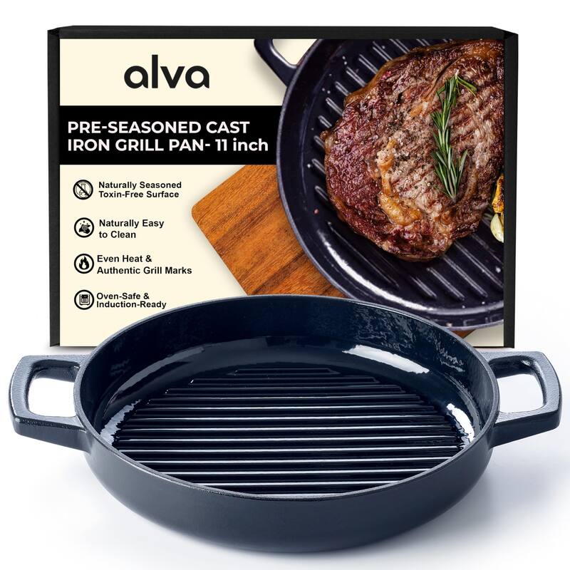 Alva Nori 11" Enameled Cast Iron Griddle Pan, Naturally Nonstick Grill Pan - 11"
