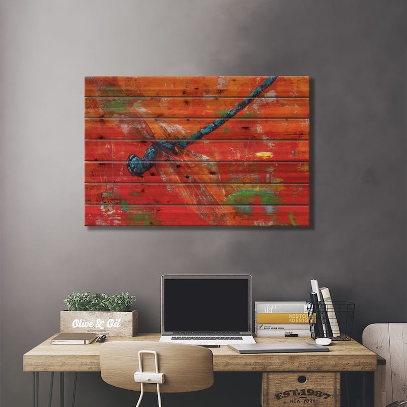 Blue Dragonfly Print On Wood by Olena Bogatska - Multi-Color