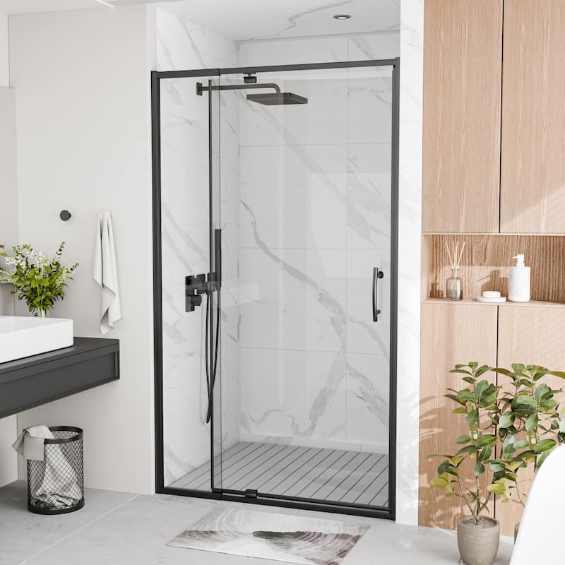 Modland 38-42"x71'' Adjustable Pivot Shower Door - Auto-Lift Hinge, Magnetic Seal, 5 Finishes for Uneven Walls - 42''x 71'' - Matte Black
