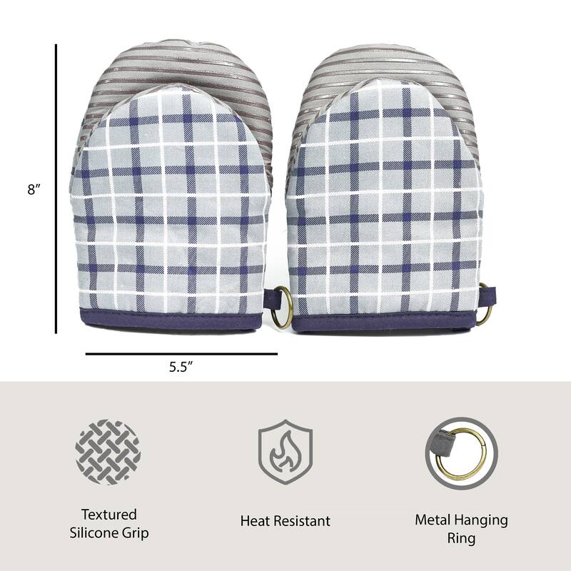 Nautica Home Grey/Navy Plaid 100% Cotton Mini Oven Mitt With Silicone Palm (Set of 2)