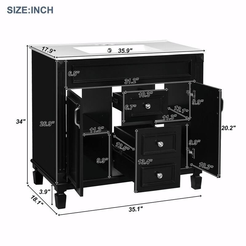 36'' Modern White Bathroom Vanity with Top Sink, Mirror Cabinet