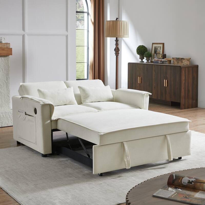 55" Fabric Sofa Bed with Sleeper, Adjustable Backrest & 2 Lumbar Pillows