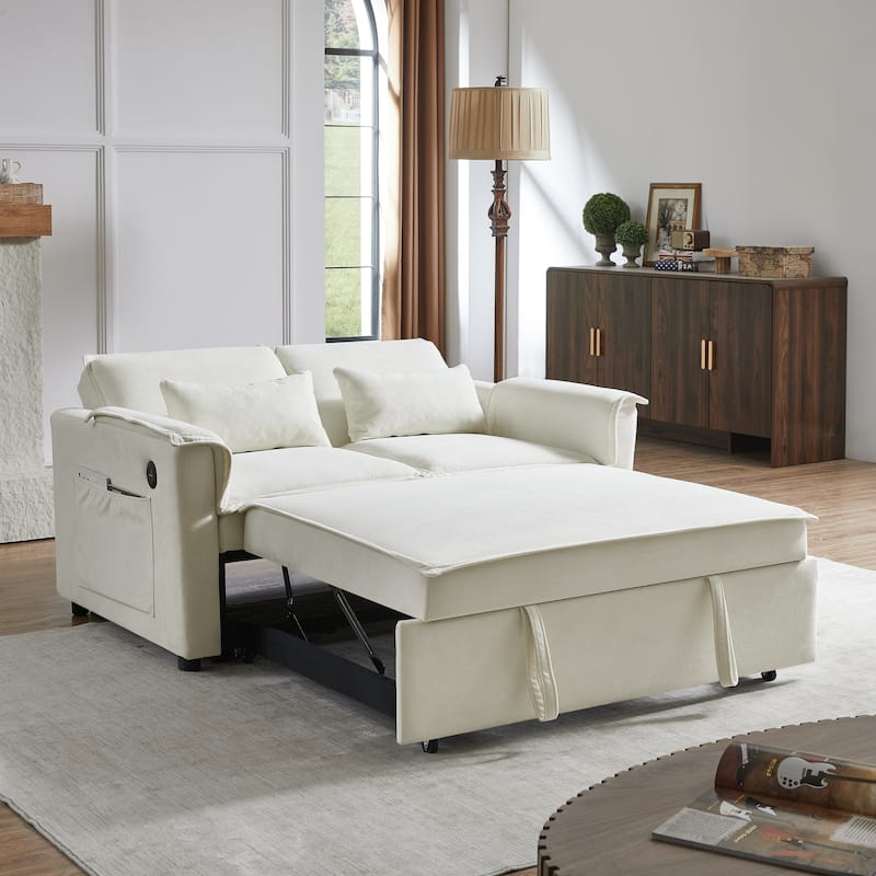 Pull Out Loveseat Sofa Convertible Sleeper Love Seat Bed with USB Ports and 2 Pillows Adjustable Backrest Tufted Couch