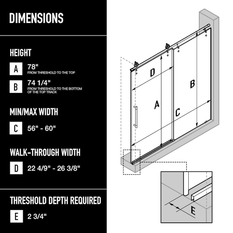 VIGO Hamilton 56" to 60" W x 78" H Frameless Sliding Shower Door