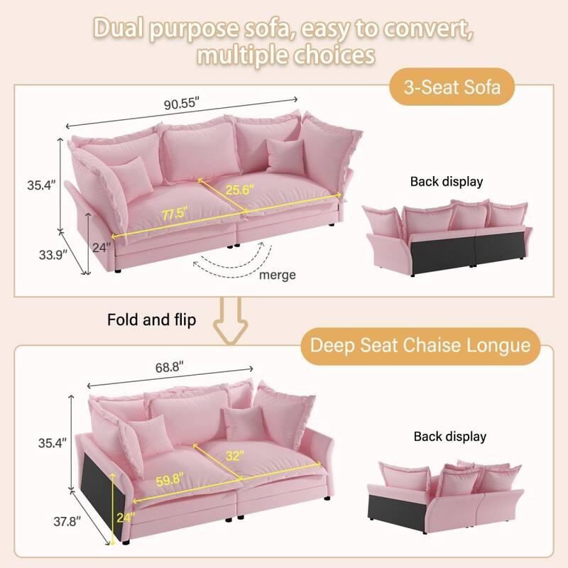 90.55" Modern Comfy Upholstered Sofa Cloud Couch with Multiple Large Soft Pillows