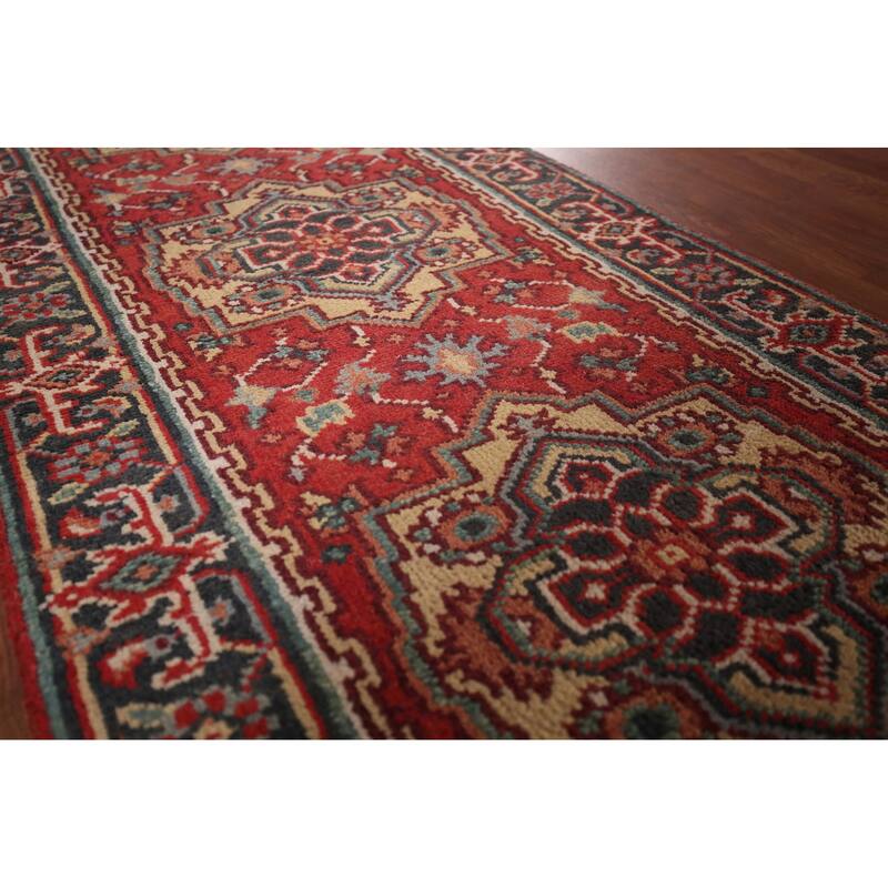 Red Heriz Serapi Runner Rug Hand-Knotted Geometric Wool Carpet - 2'6"x 7'11"