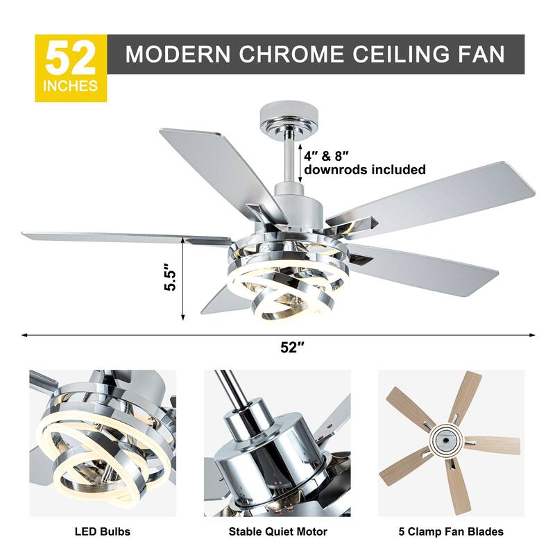 Oaks Aura 52in. DIY Shade Modern Reversible Ceiling Fan with Light, 6-Speed Silent Motor Ceiling Fan with Remote for Large Room