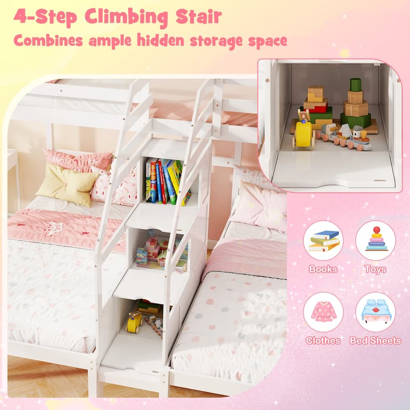 Bunk Bed for 3 Kids, Twin Over Twin with Storage Staircase and Safety Guardrails