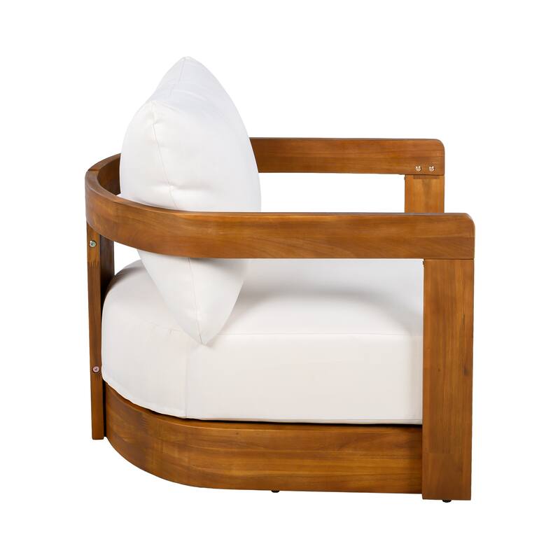 Outdoor Acacia Club Chair, Patio Floor Curved Accent Chair with Wood Armrests Modern Pool Upholstered Side Chair