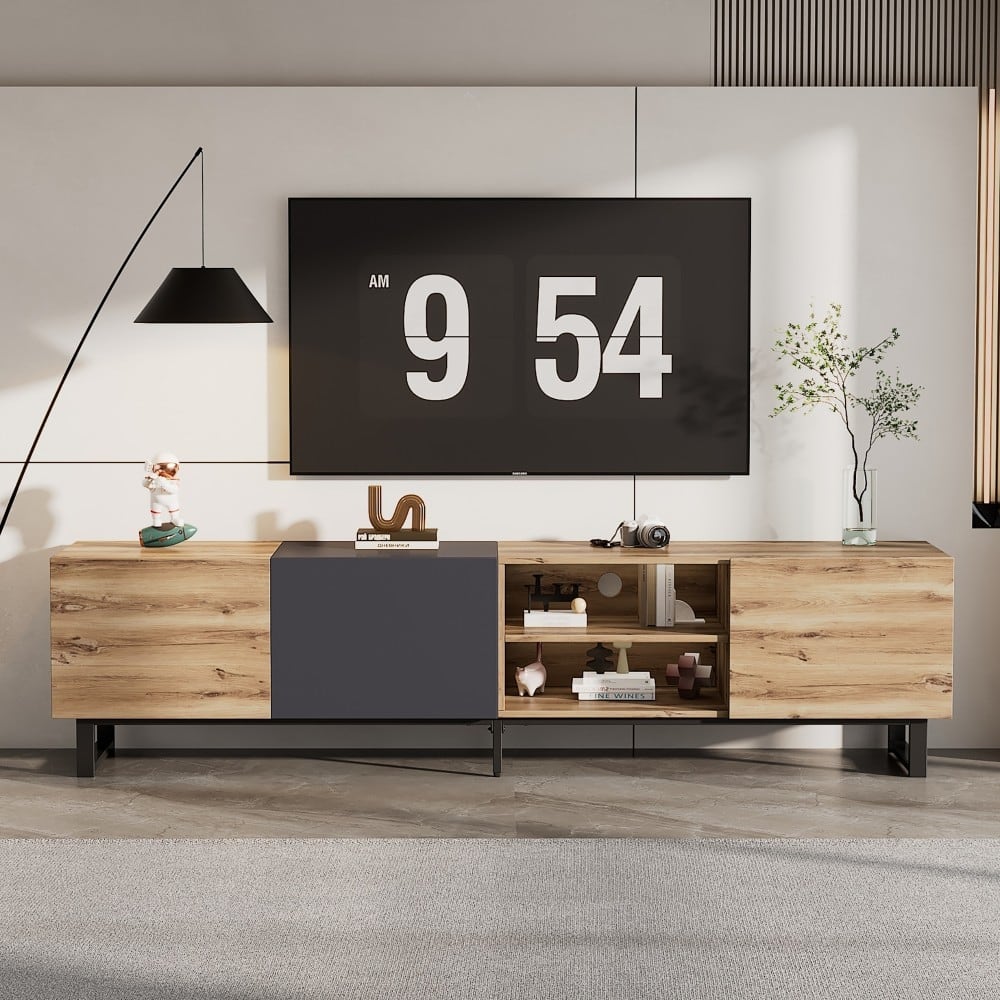 Media Console Table with 3 Cabinets& Open Shelves
