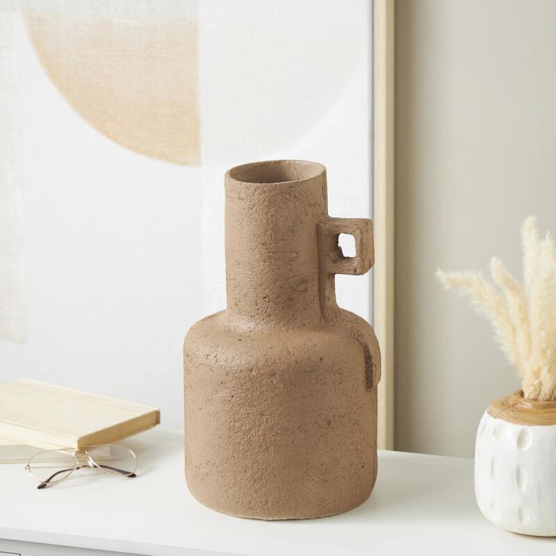 Paper Mache Abstract Distressed Textured Decorative Vase with Triangular or Geometric Handle - Brown - Roche River Decor