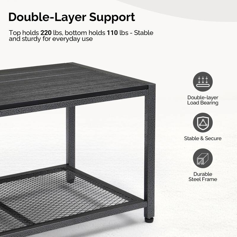 35 in Black Rectangular Metal Outdoor Coffee Table, 2-Tier Space-Saving Patio Table