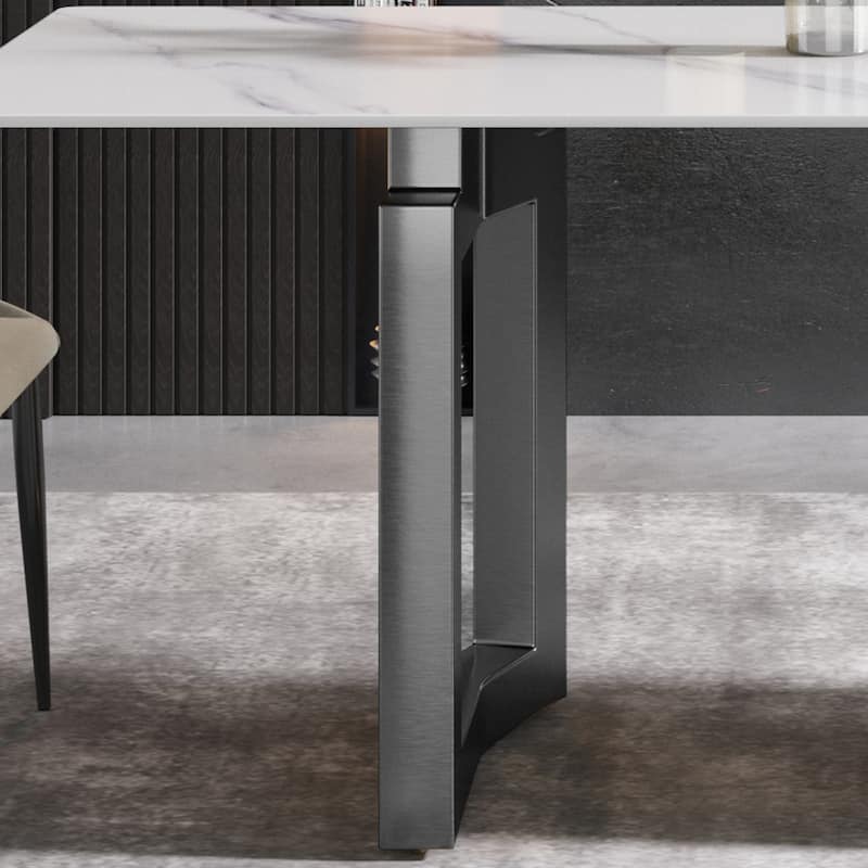 63"Modern artificial stone white straight edge metal leg dining table -6 people