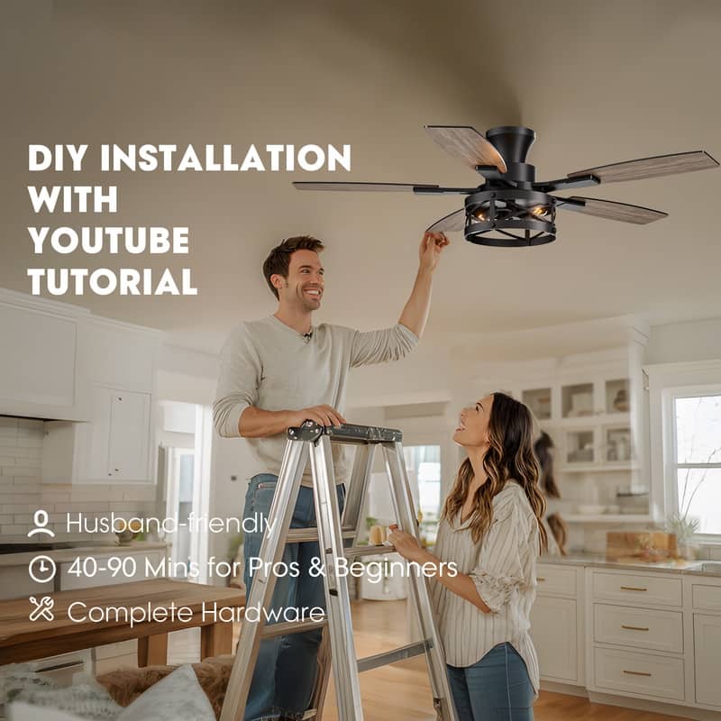 52 Inch Farmhouse Ceiling Fan with Light and Remote Black Industrial Caged Ceiling Fans for Living room - 52 in.