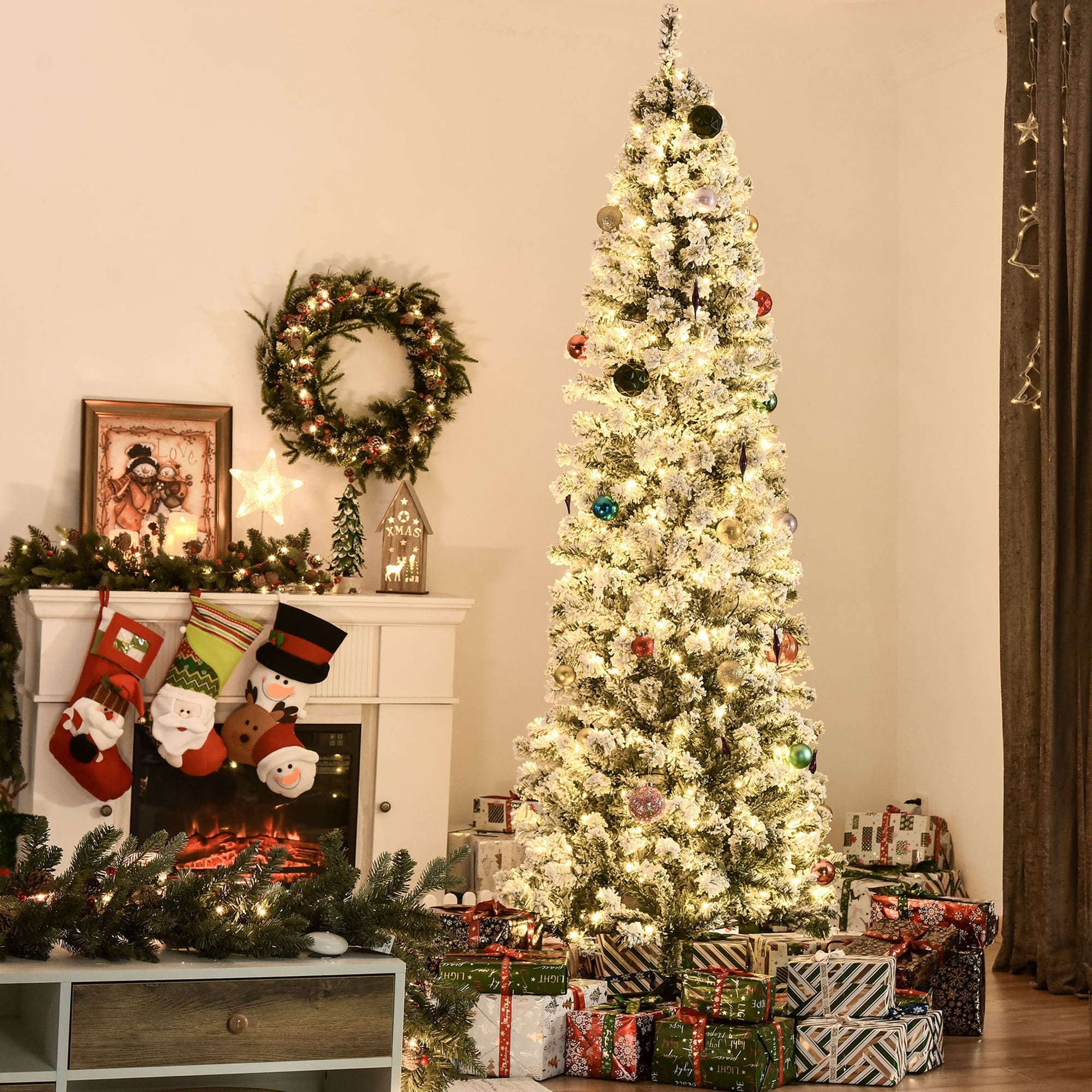 HOMCOM 6FT/7FT/9FT Slim Flocked Christmas Tree with Lights, Skinny Christmas Tree with Stand
