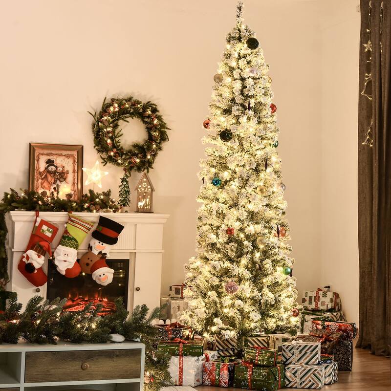 Pre-Lit Snow Flocked Artificial Christmas Tree with Warm LED Lights and Steel Base, Multiple Heights