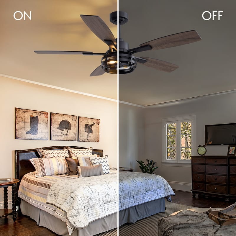 52Inch Farmhouse Black Caged Ceiling Fans With Light Modern Rustic Wood Grain Fandeliers For living room dining room - 52in.