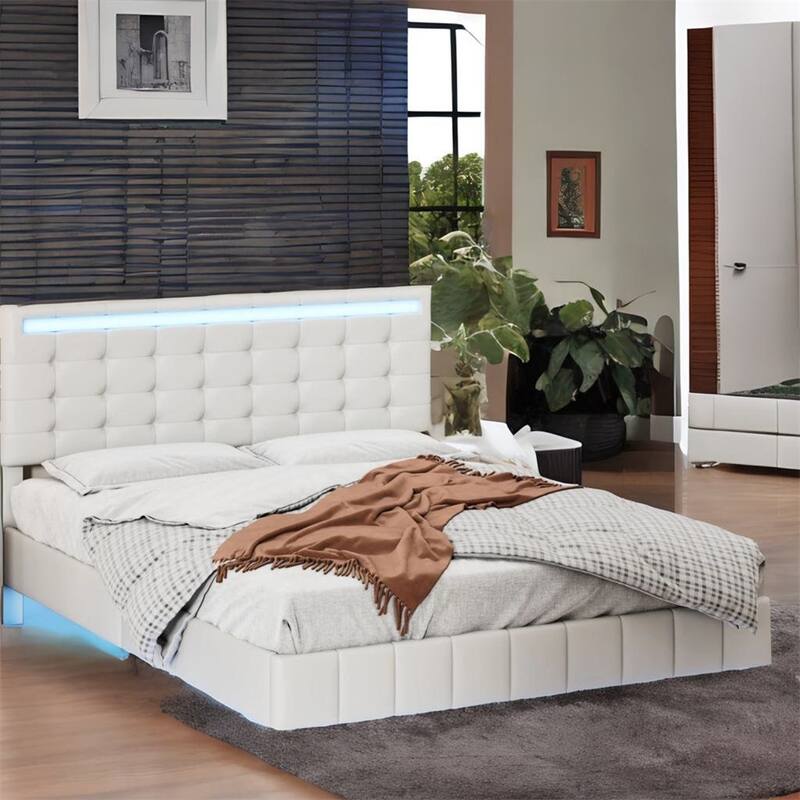 Full Size Floating Bed Frame with LED Lights and USB Charging