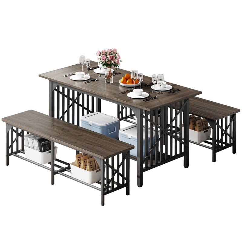 Moasis 3-Piece Dining Table Set with 2 Benches for Kitchen Dining Room - 63" - Grey