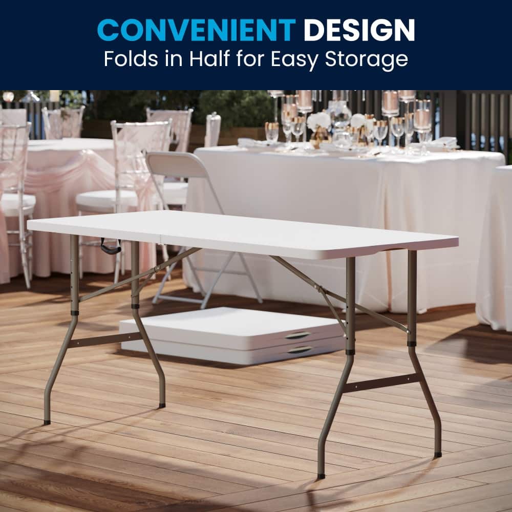 30"W x 60"L Adjustable Bi-Fold Granite White Plastic Table with Carrying Handle