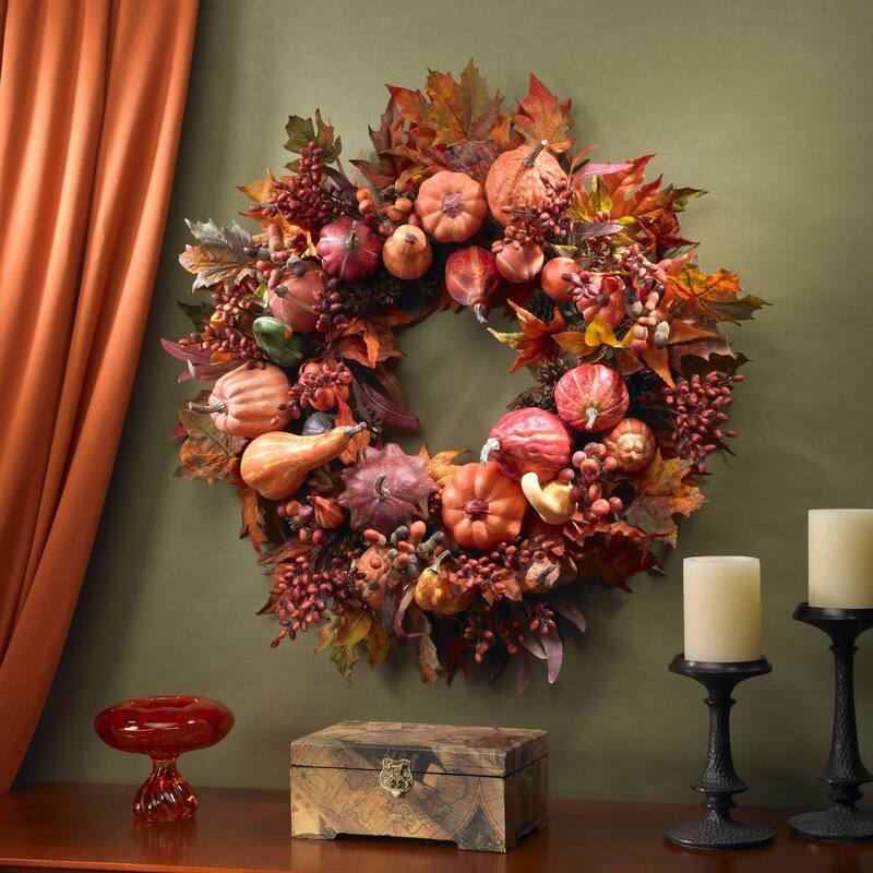 Autumn Harvest Maple Berries and Pinecones Wreath, 28-Inch, Unlit