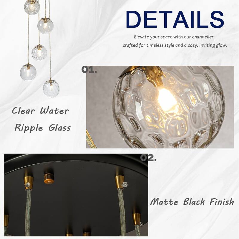 5-Light Modern Clear Ripple Glass Staircase Chandelier Globe Bubble Textured Glass Pendant In Matte Black For Foyer Entryway