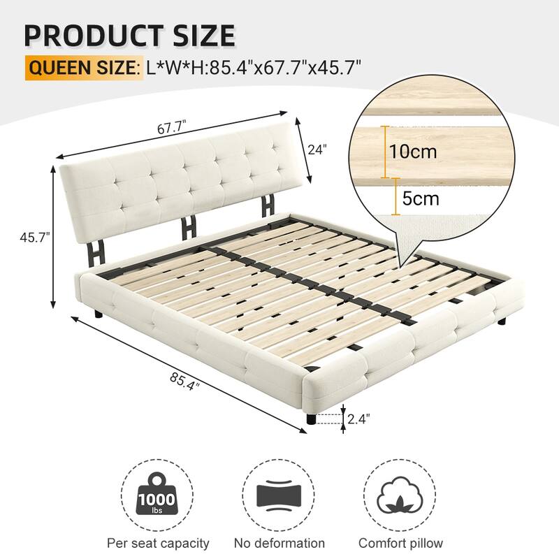 Queen Size Bed Frame, Tufted Headboard with Extra-Large Ultra-Soft Cloud Pillow Design, Chenille Platform Bed - White