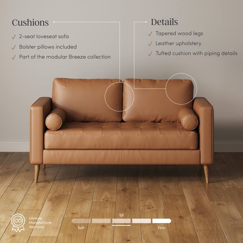 Breeze Mid Century Modern Sofa, Leather Couch with Tufted Cushion and Solid Wood Frame