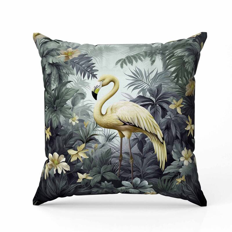 Tropical Flamingo Haven Indoor/Outdoor Reversible Throw Pillow Green and Yellow