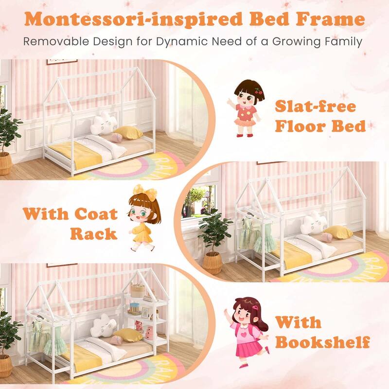 Costway Twin Size House Bed Montessori Floor Bed with Detachable