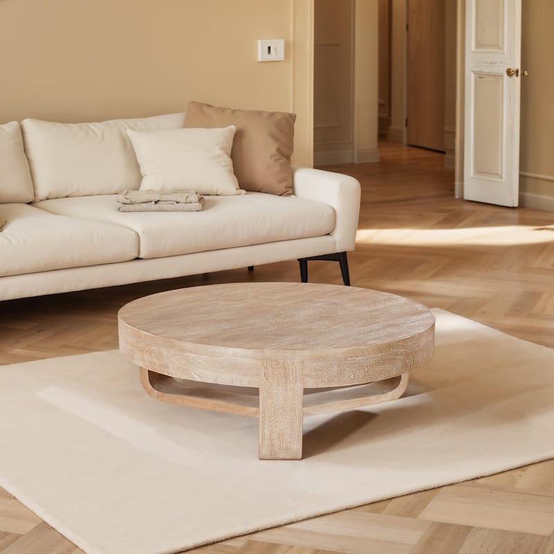 Milan Coffee Table, 32 Inch Round Top, Mango Wood with Sandblasted Natural Brown, Open Sled Base