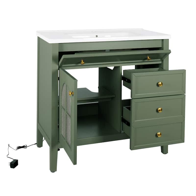 35.6-Inch Mid-Century Bathroom Vanity Sink with Patterned Glass & Motion-Sensor Light Strip, High-End Vanity Cabinet