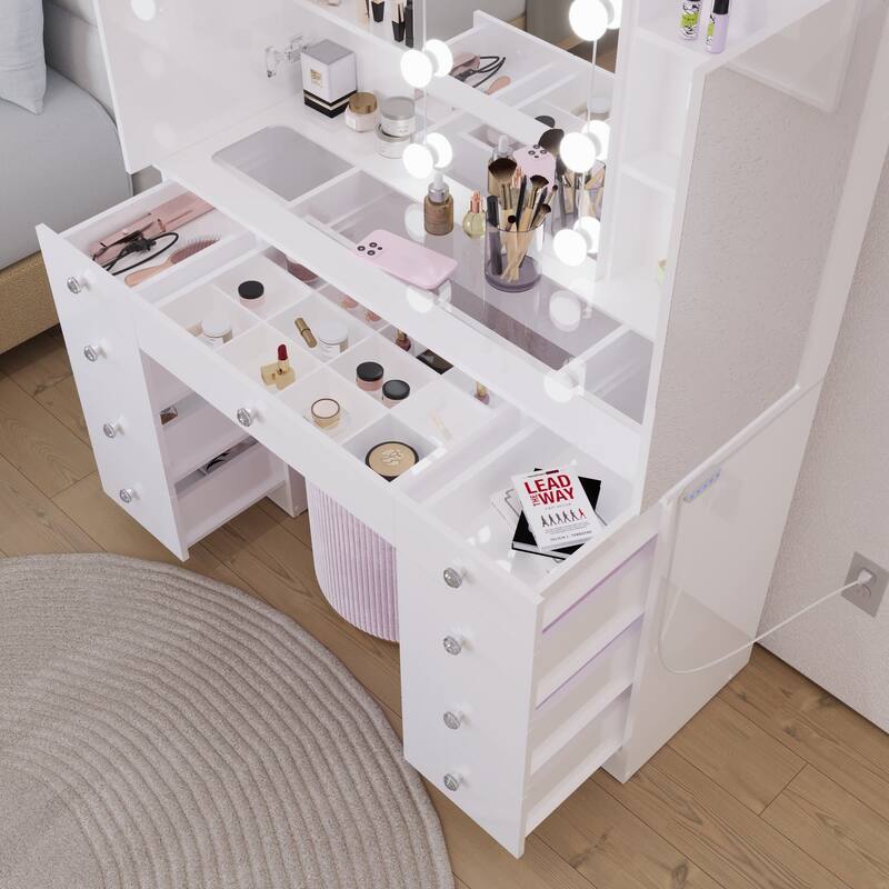 Boahaus w/Tri-Fold Lighted Makeup Vanity Desk With Glam Glass Top 9 Drawers