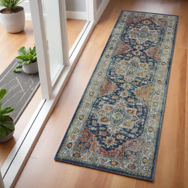 Power Loomed Distressed Abstract Floral Traditional Non Skid Area Rug - 72' X '24' X '0.5 - 72' X '24' X '0.5 - Oxford Blue - Runner
