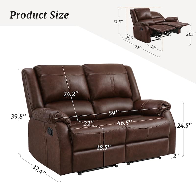 Manual Recliner,Faux Leather Reclining Sofa Set, 2-Seater Reclining Sofas For Living Room - 59"W X 37.4"D X 39.8"H