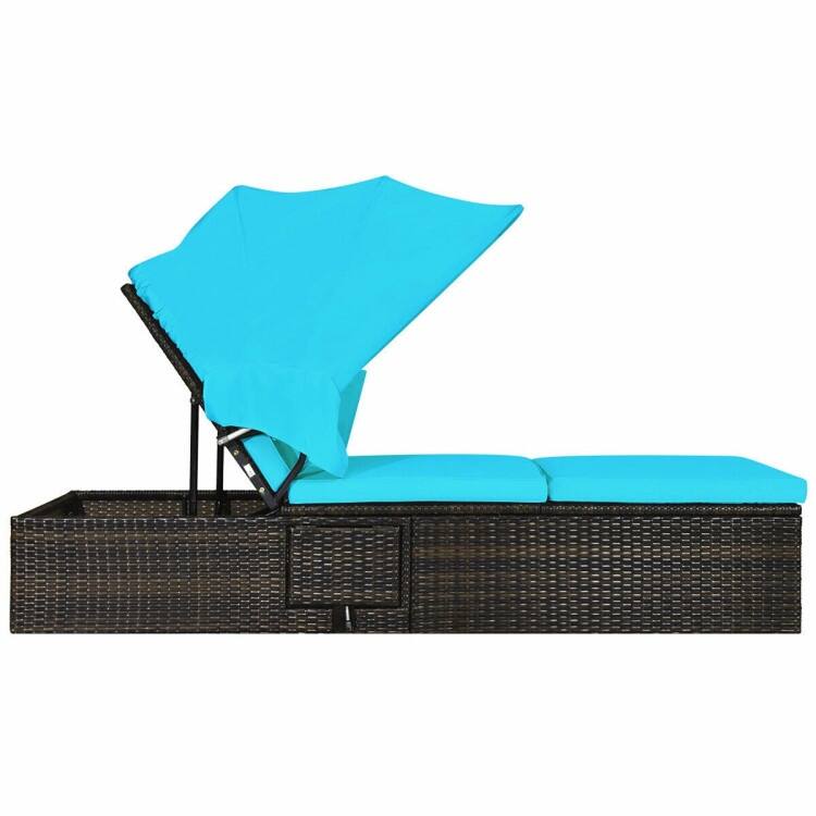 Chaise Cushioned Top Canopy Patio Rattan Lounge Chair with Tea Table - 77”x 23.5”x 13”-25”-28.5”-32.5”-35.5”(L x W x H)
