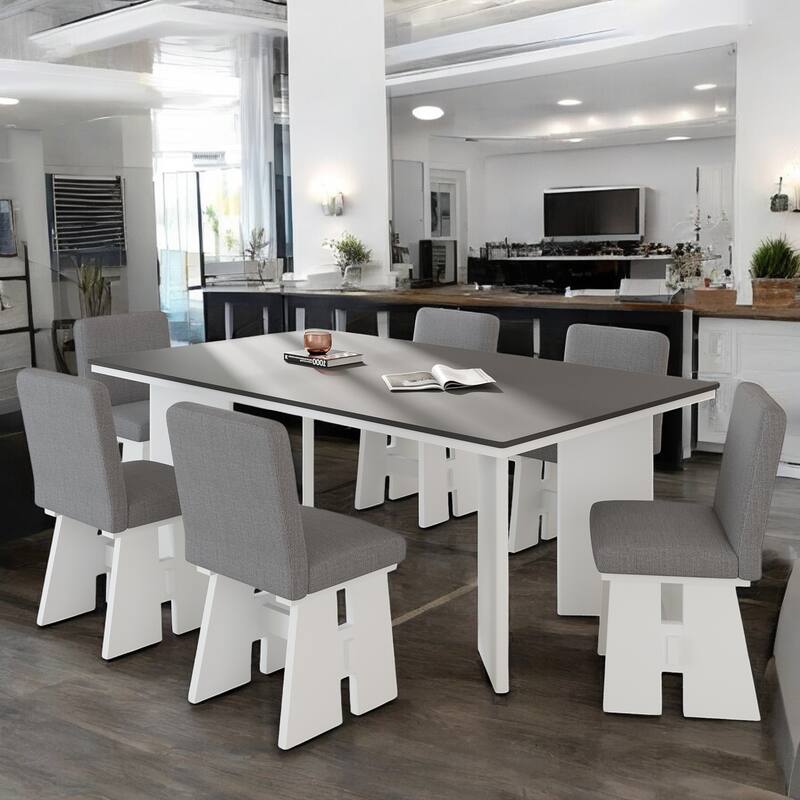 7-Piece Dining Table Set with 6 Upholstered Chairs, Solid Wood Farmhouse Design, Space-Saving, Modern Style for Dining Room - Dark Gray,White